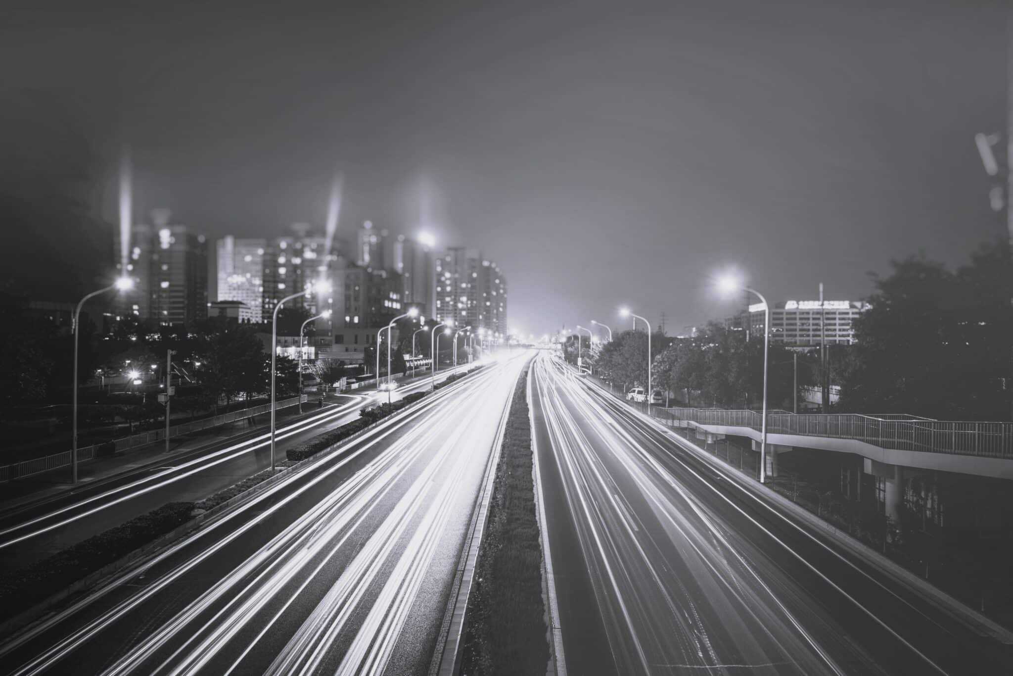 blurred traffic light trails on road in Beijing,China.