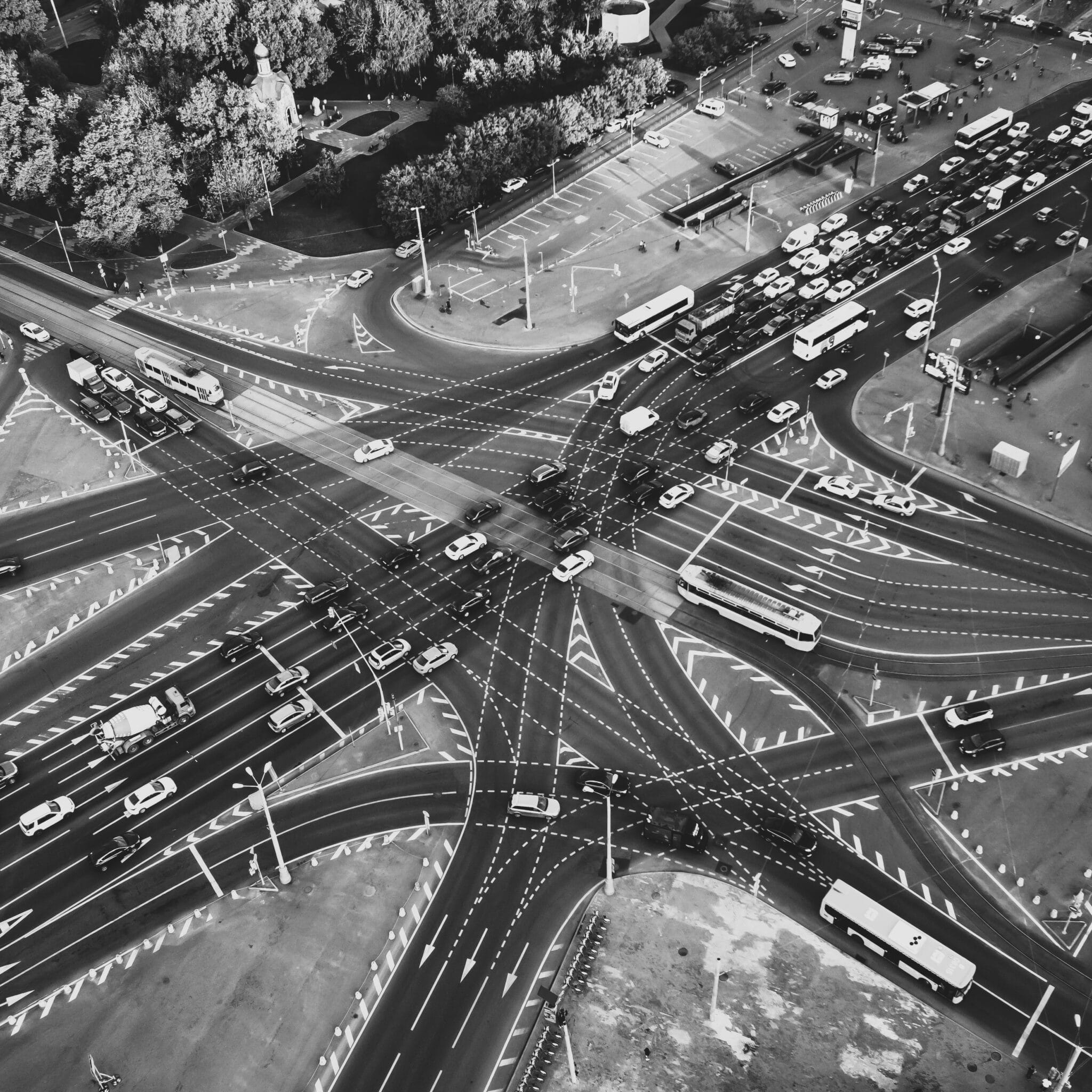 a road junction with cars photographed from the air