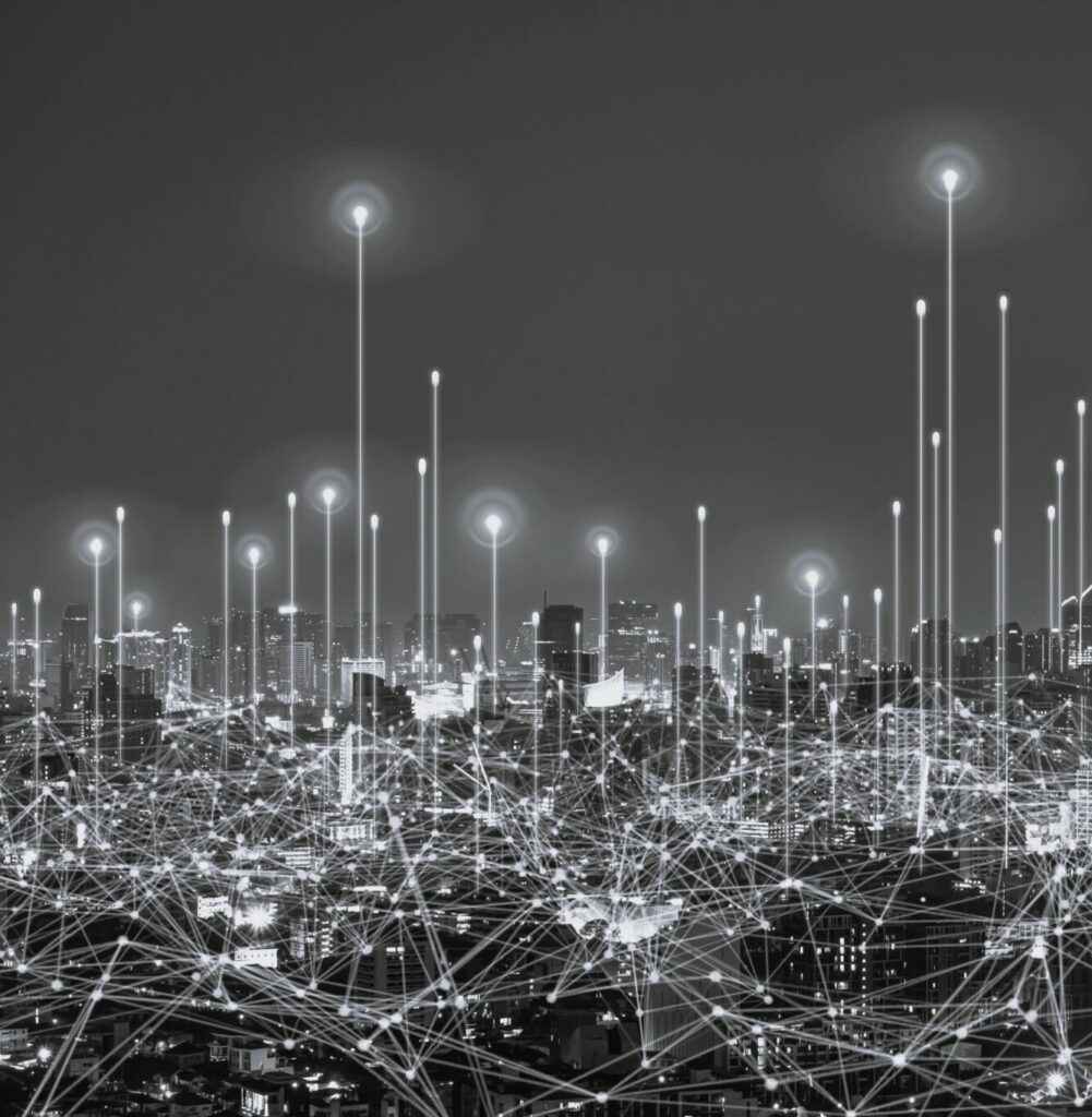 network digital hologram and internet of things on city background.5G network wireless systems.