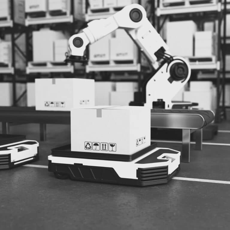 The Robot arm picks up the box to Autonomous Robot transportation in warehouses, Warehouse automation concept