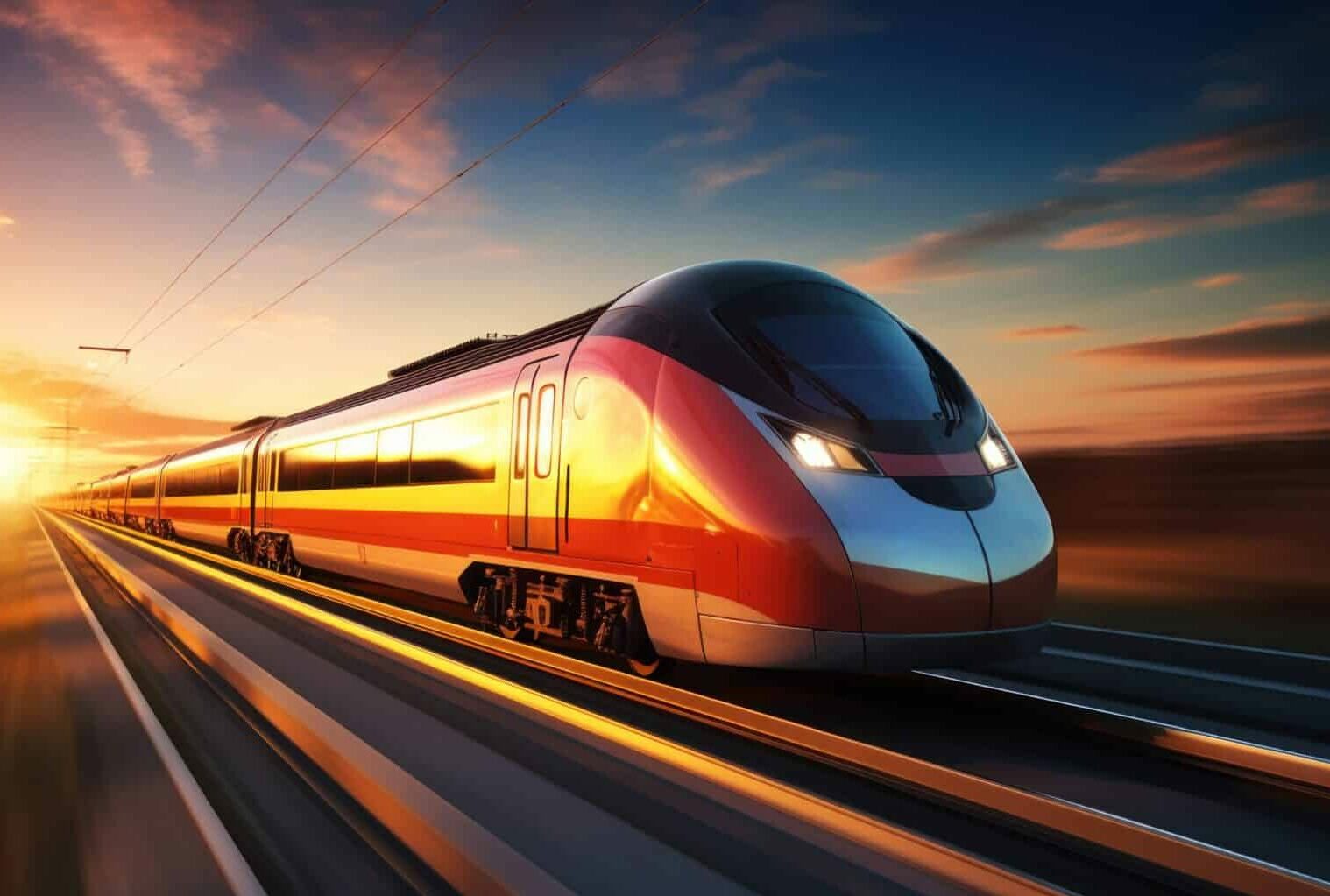 A train moves fast at dusk, showing the speed of modern travel.
